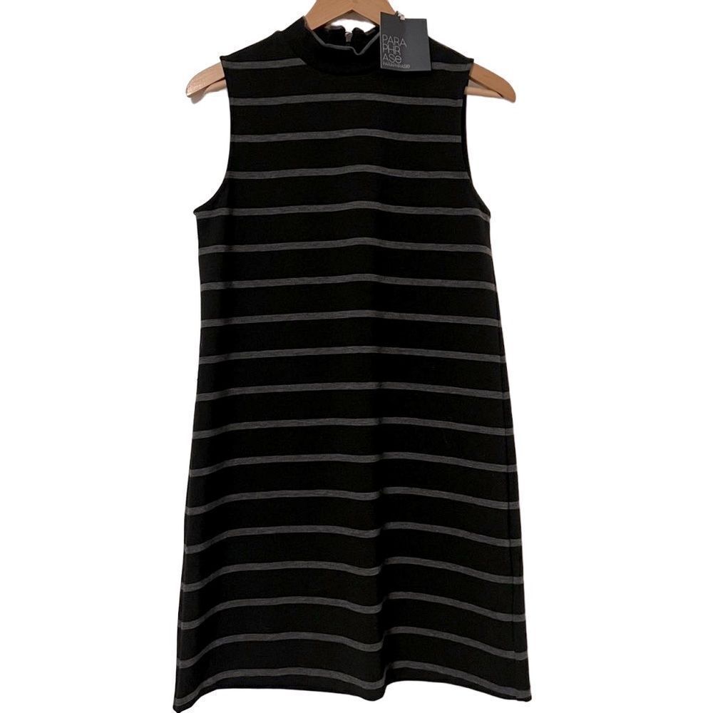 NWT Paraphrase Striped Mock Neck Black Gray Sleeveless Stretch A Line Dress M